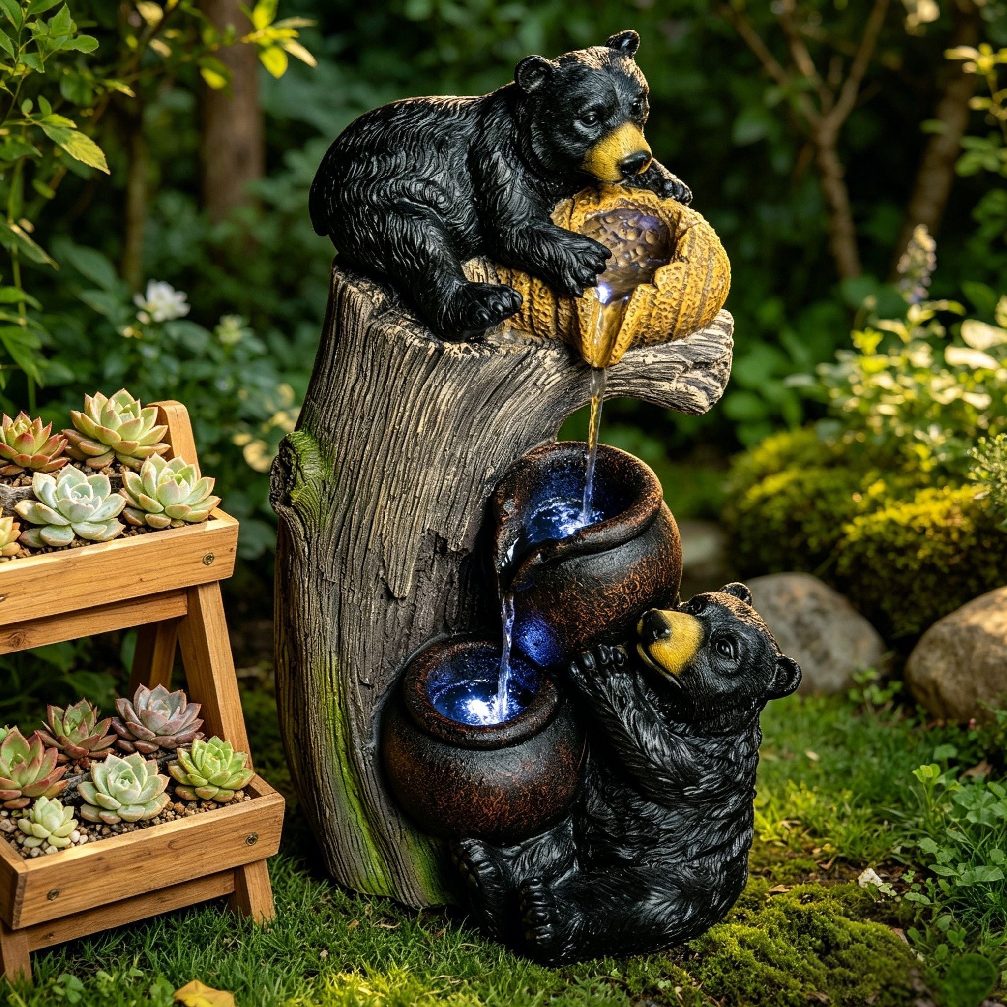 Bear Tree Stump Outdoor Water Fountain LED Lights Garden Decor