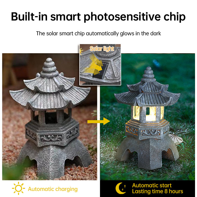 Solar Powered Zen Garden Decor Pagoda Lantern Statues Outdoor