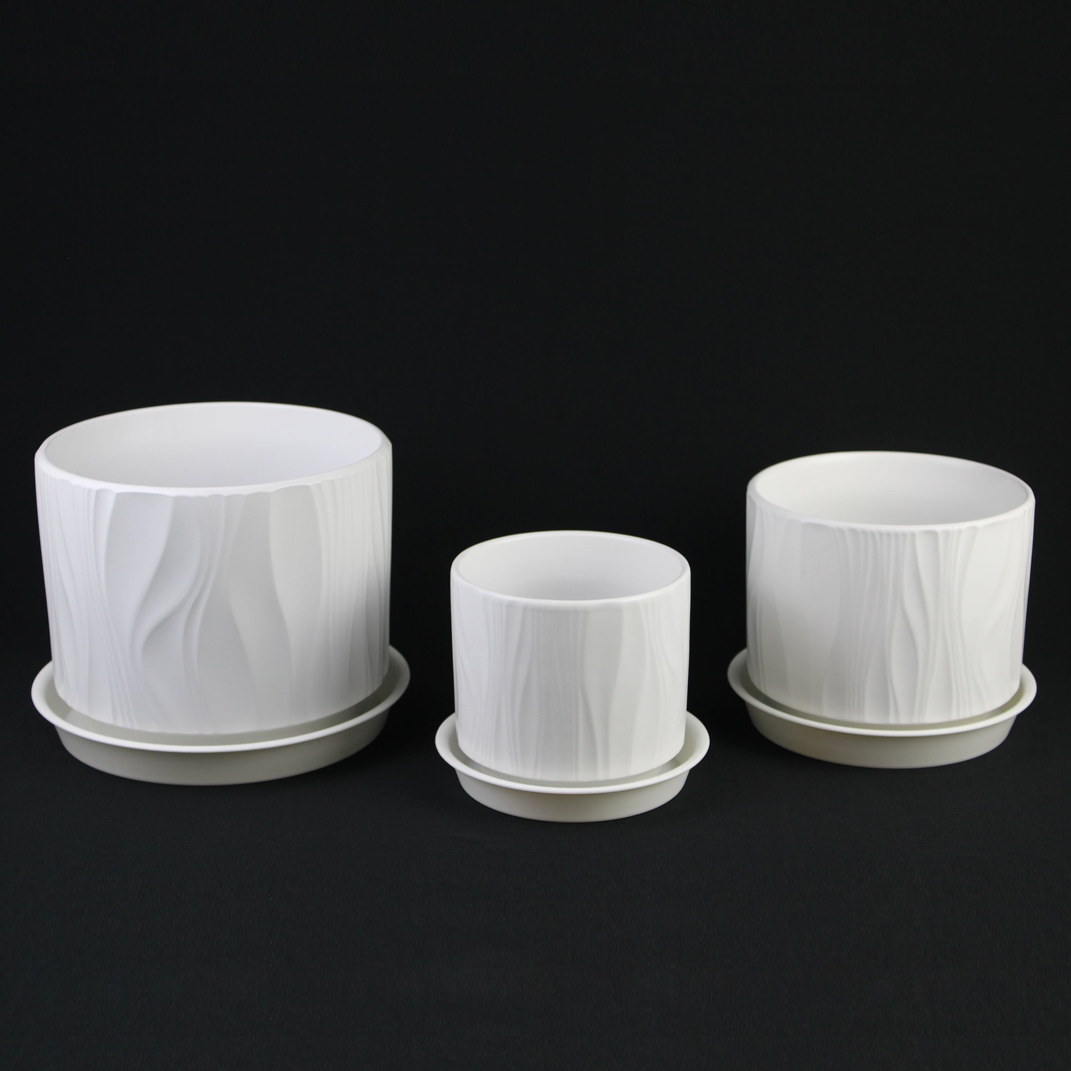 3 Piece White Stoneware Planter Pot Set Embossed Texture Decor