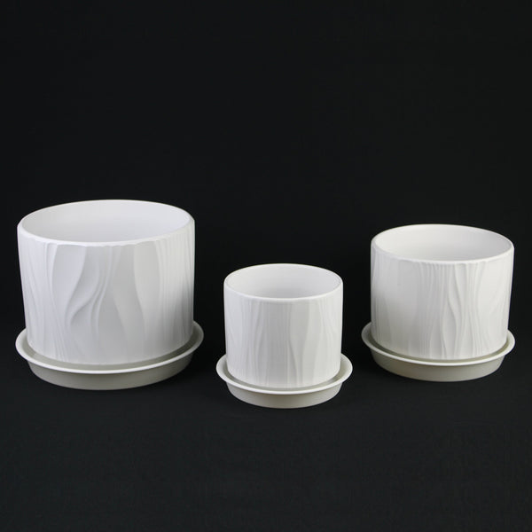 3 Piece White Stoneware Planter Pot Set Embossed Texture Decor