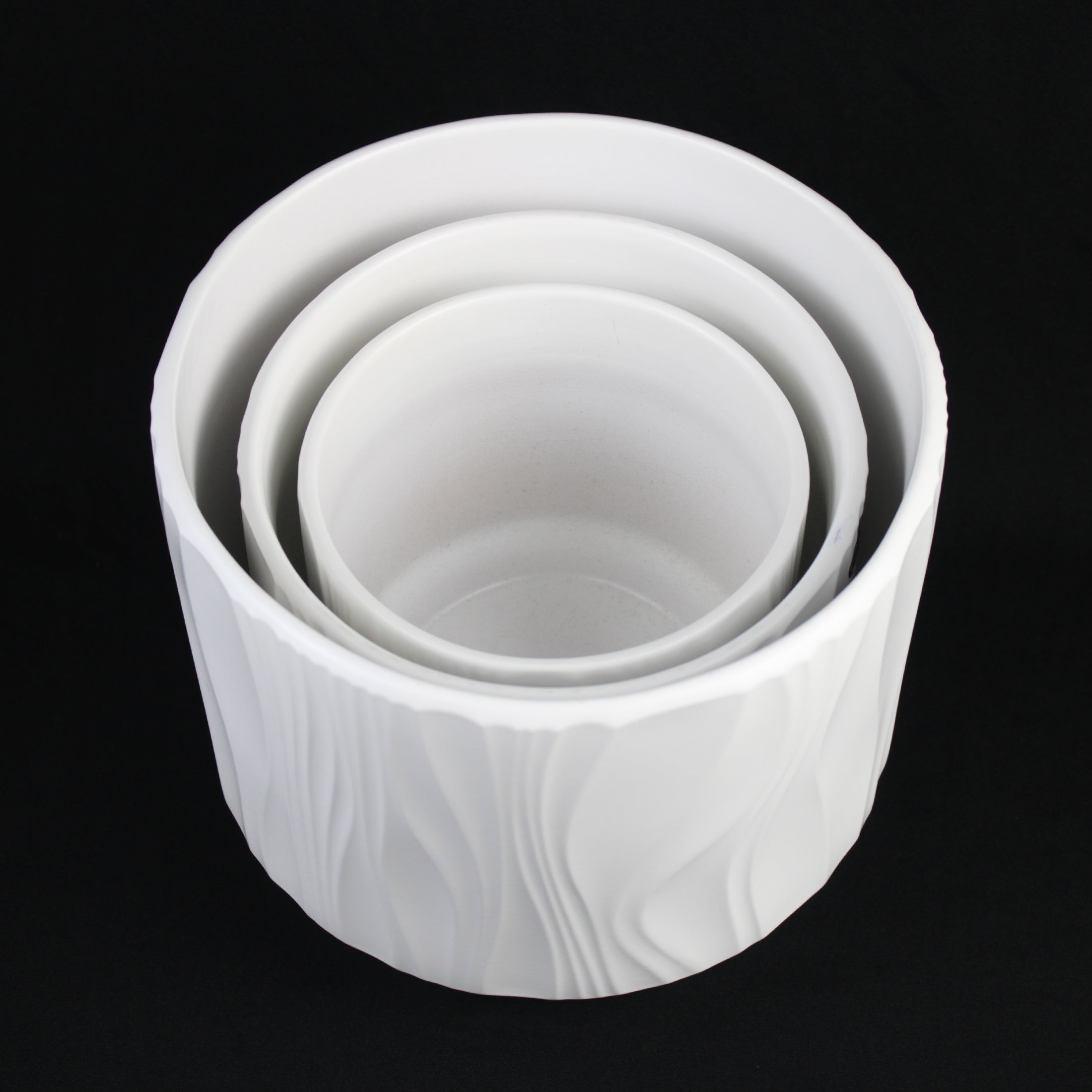 3 Piece White Stoneware Planter Pot Set Embossed Texture Decor