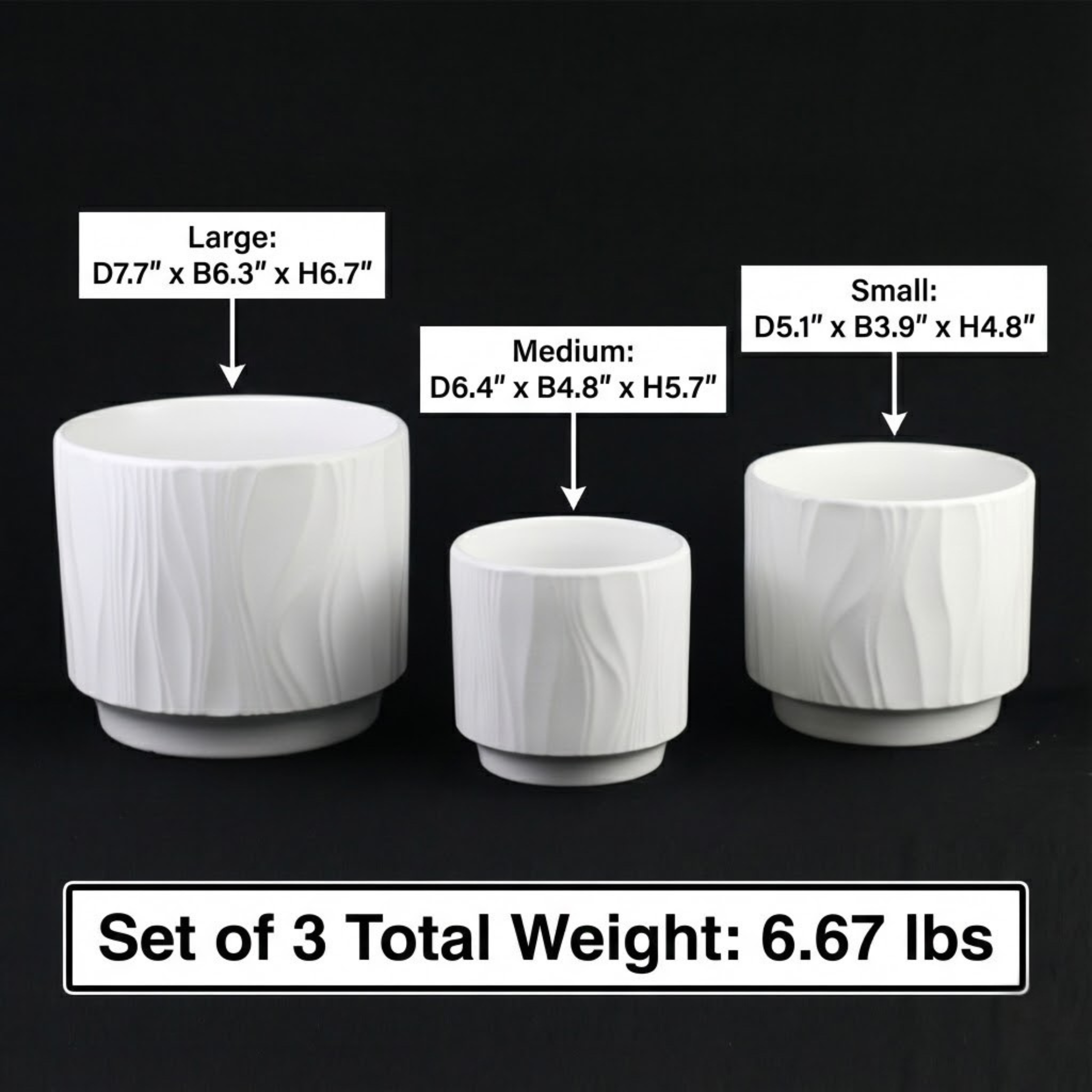 3 Piece White Stoneware Planter Pot Set Embossed Texture Decor