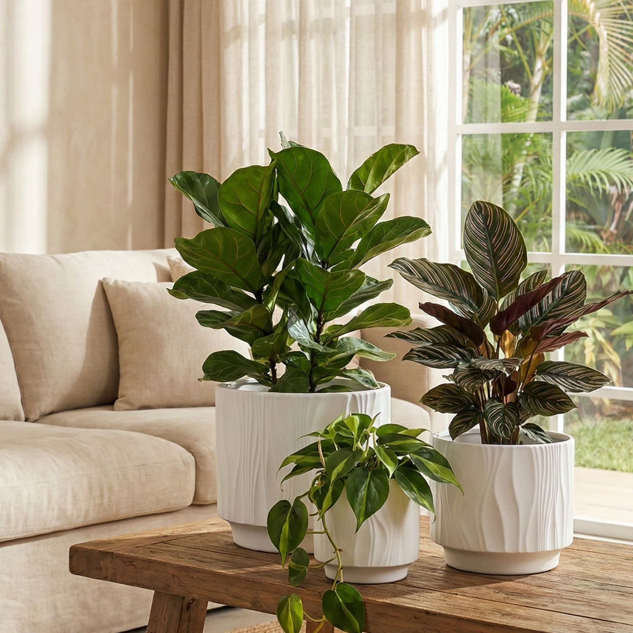 3 Piece White Stoneware Planter Pot Set Embossed Texture Decor