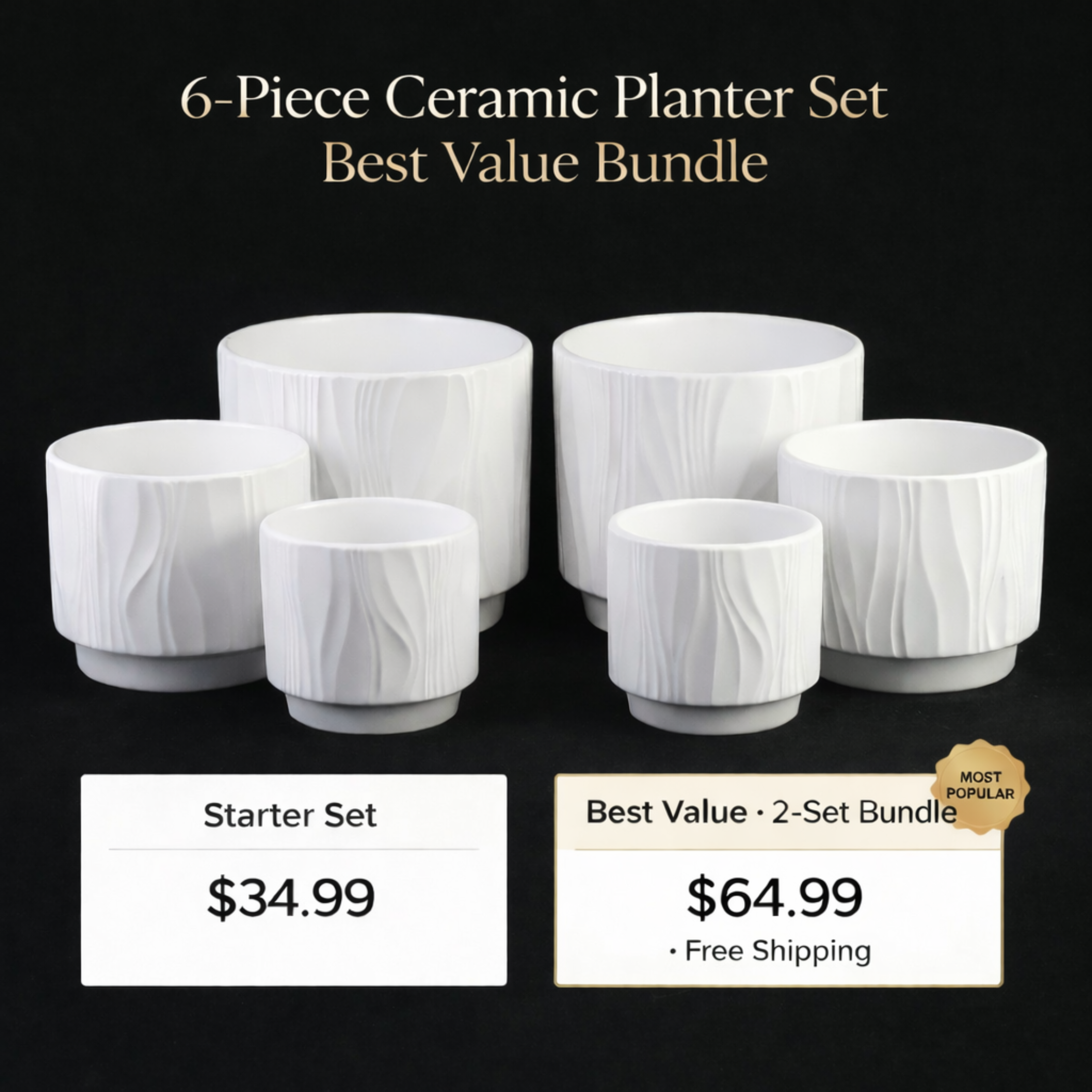 3 Piece White Stoneware Planter Pot Set Embossed Texture Decor