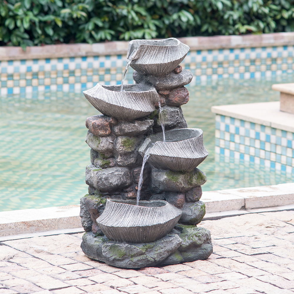 4 Tier Stone Water Fountain Cascading LED Indoor Outdoor Gray