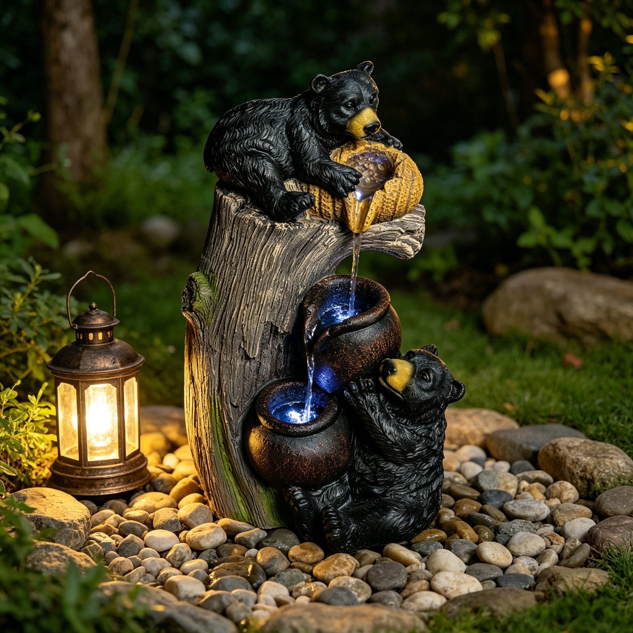 Bear Tree Stump Outdoor Water Fountain LED Lights Garden Decor