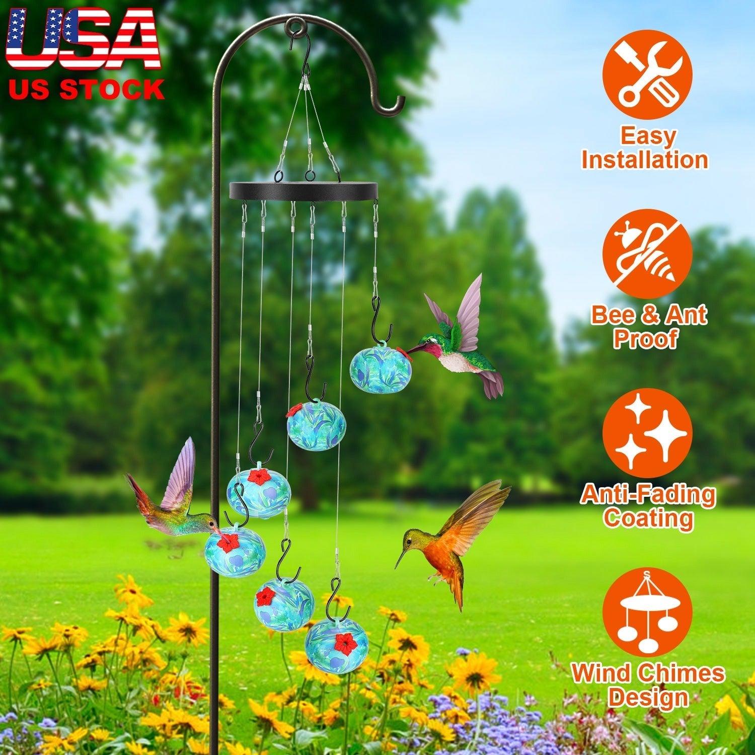 Hummingbird Feeder Wind Chimes Ant Proof Garden Hanging Decor