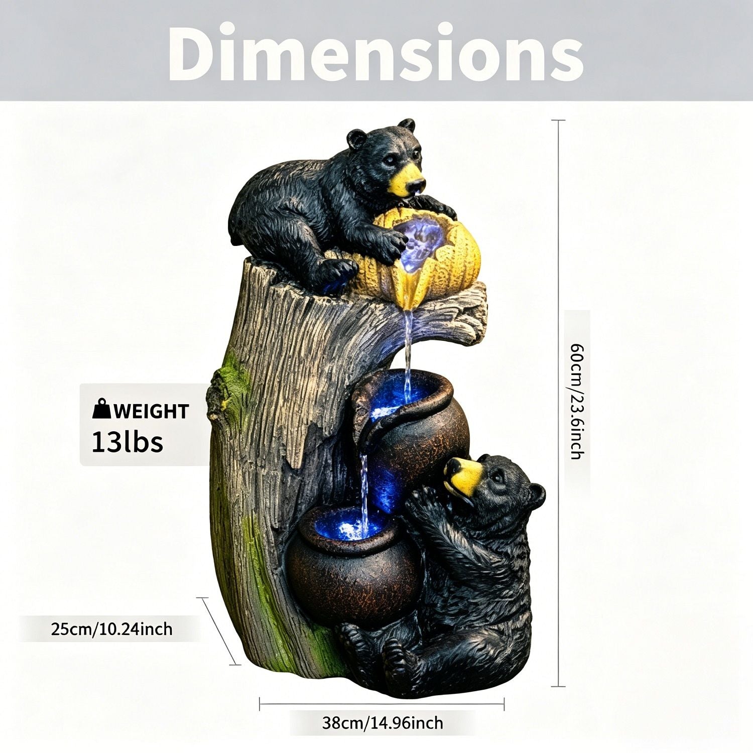 Bear Tree Stump Outdoor Water Fountain LED Lights Garden Decor