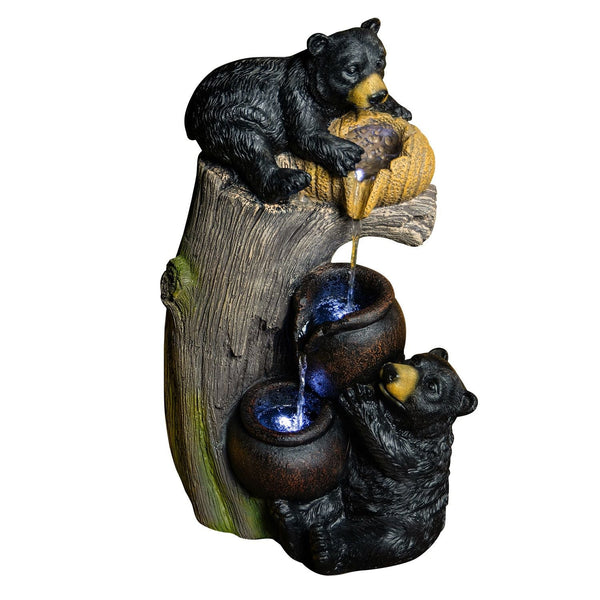 Bear Tree Stump Outdoor Water Fountain LED Lights Garden Decor