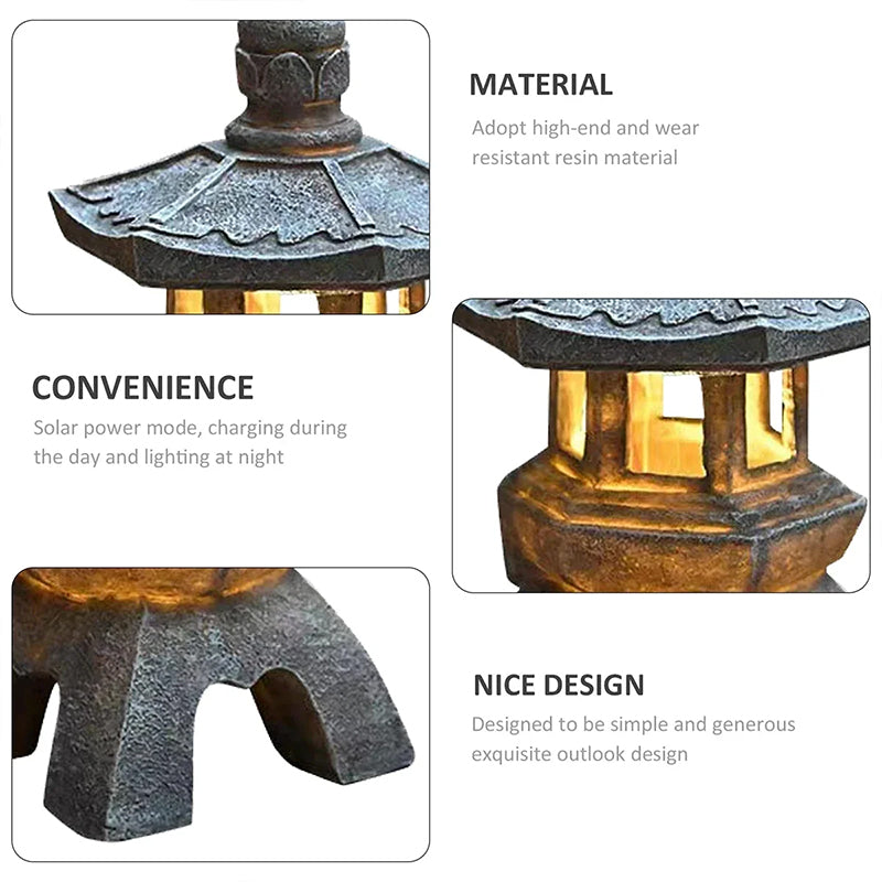 Solar Powered Zen Garden Decor Pagoda Lantern Statues Outdoor