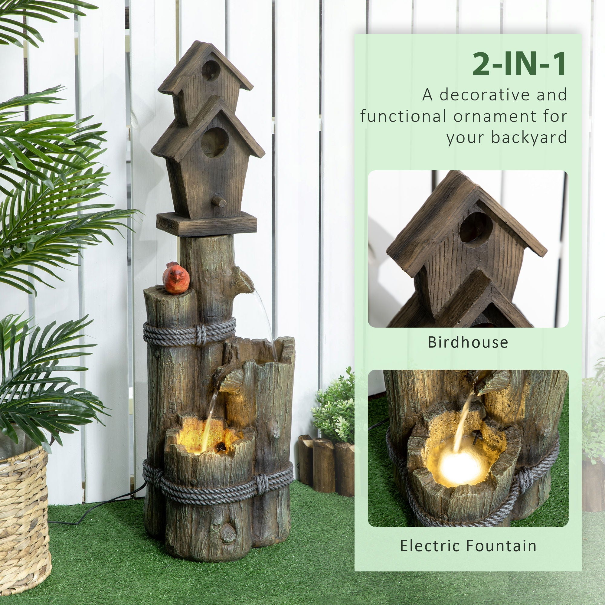 Fountain Birdhouse 3 Tier LED Garden Waterfall Decor