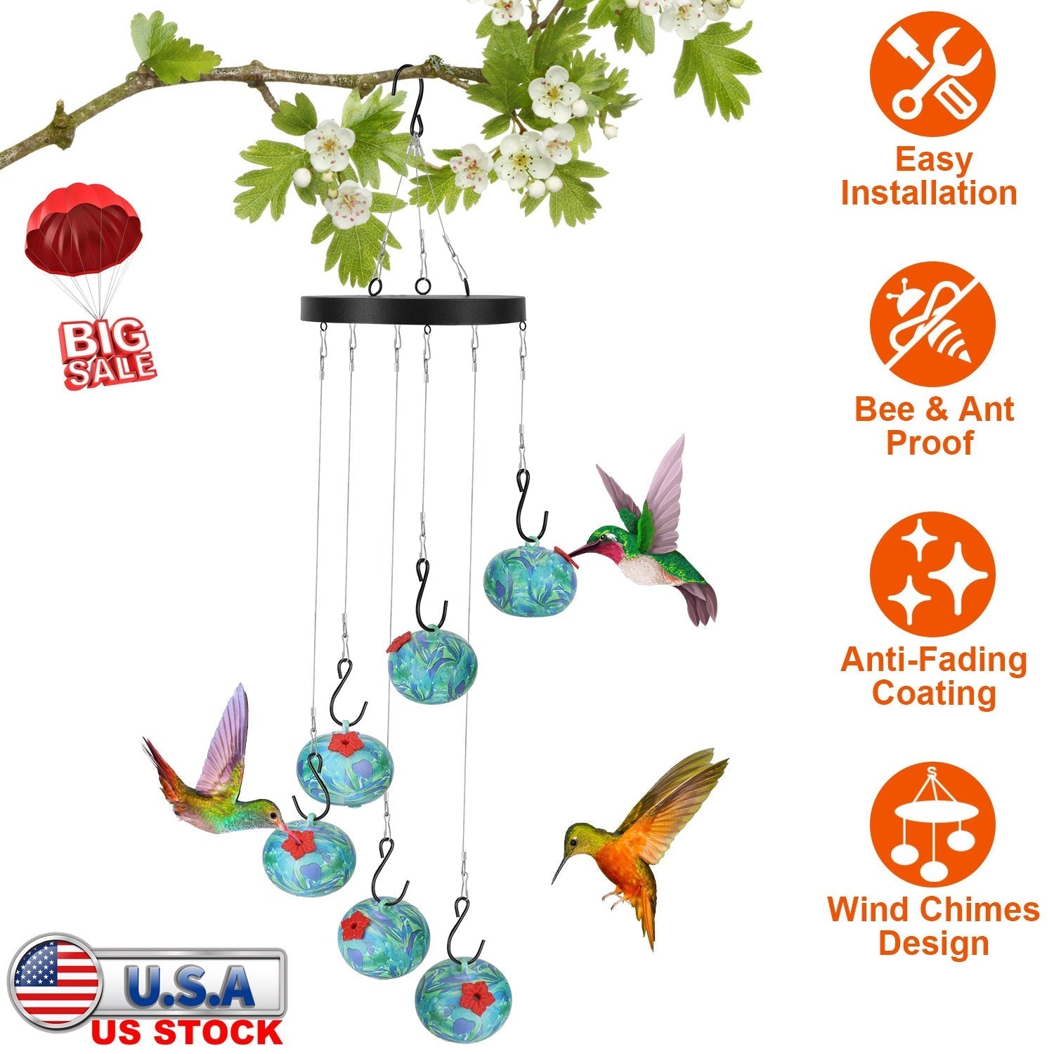 Hummingbird Feeder Wind Chimes Ant Proof Garden Hanging Decor