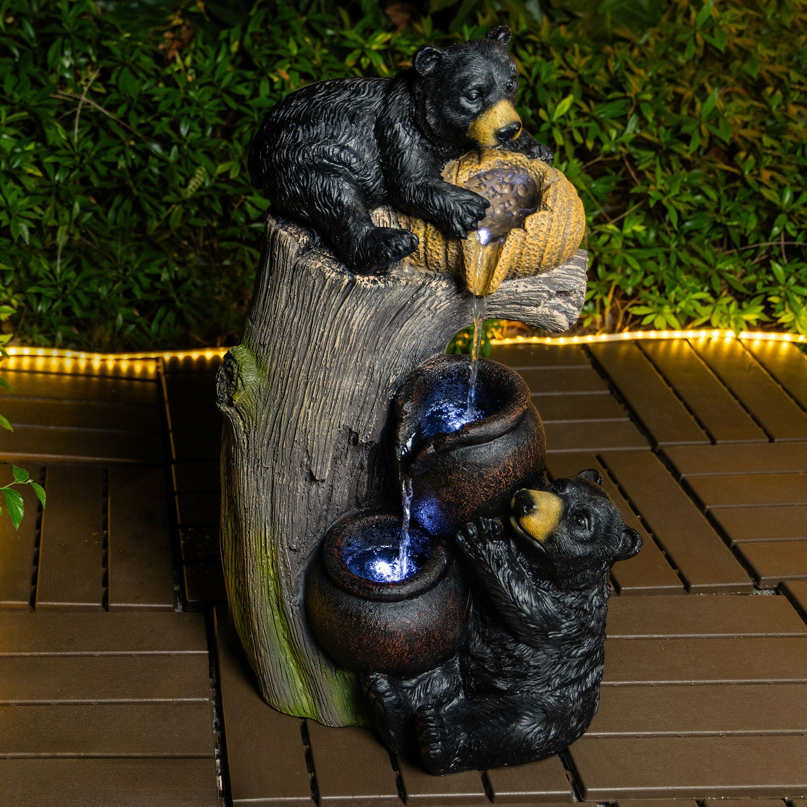 Bear Tree Stump Outdoor Water Fountain LED Lights Garden Decor