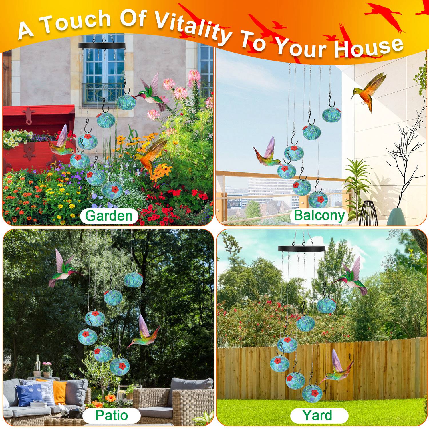Hummingbird Feeder Wind Chimes Ant Proof Garden Hanging Decor