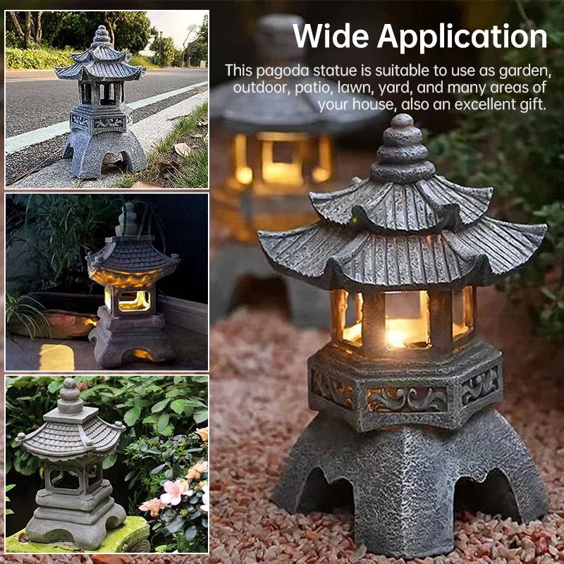 Solar Powered Zen Garden Decor Pagoda Lantern Statues Outdoor