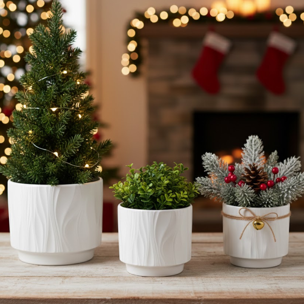 3 Piece White Stoneware Planter Pot Set Embossed Texture Decor