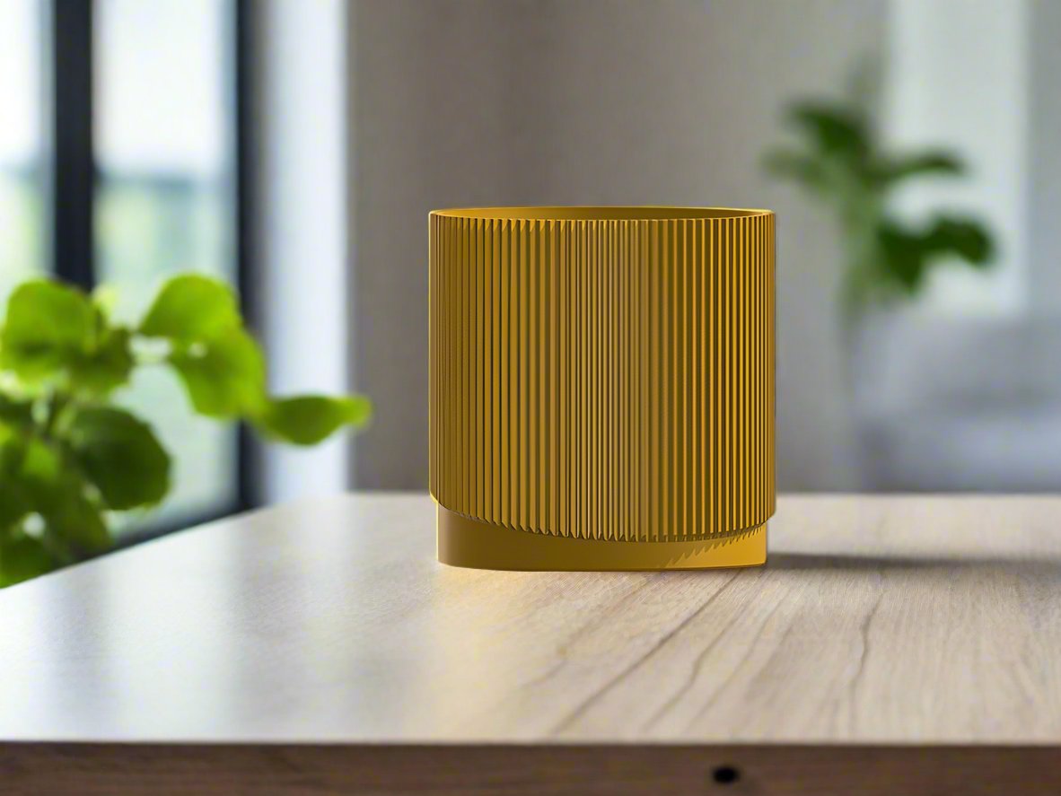 Mid Century Ribbed Planter with Drainage Saucer Modern Wave