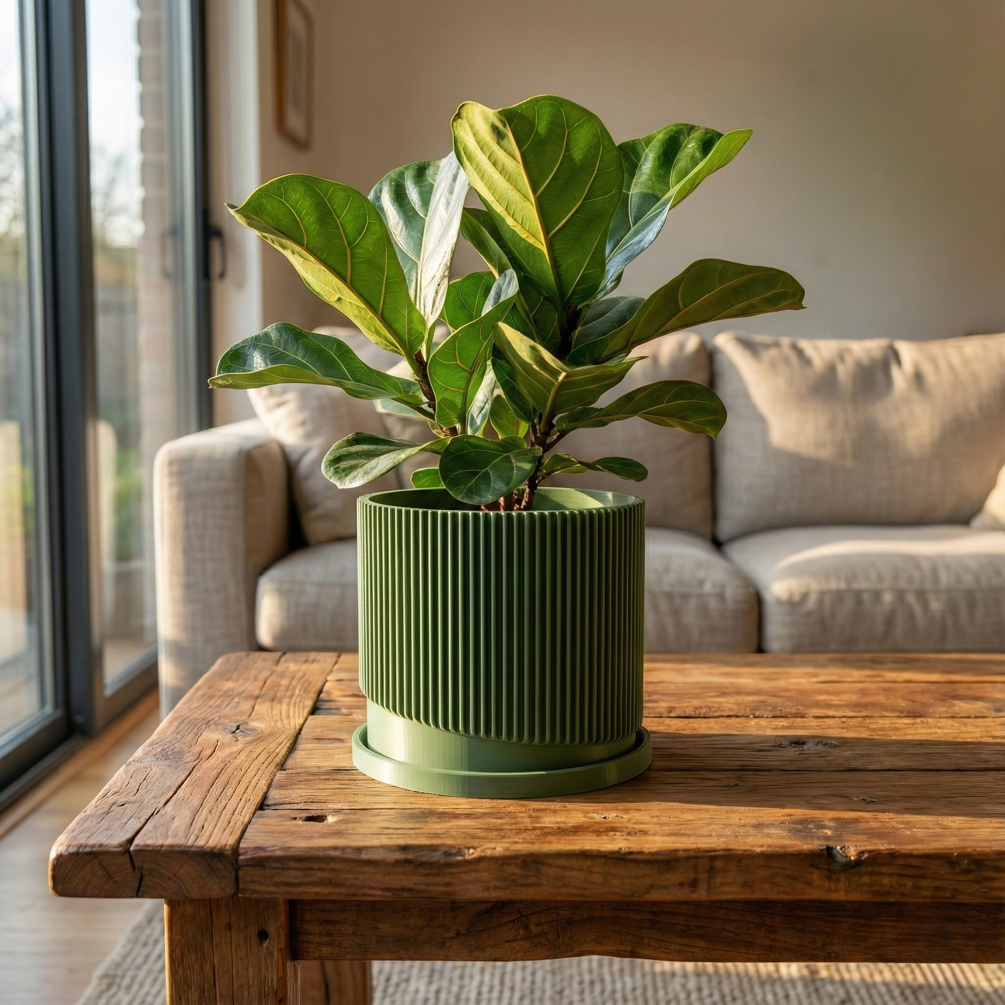 Mid Century Ribbed Planter with Drainage Saucer Modern Wave