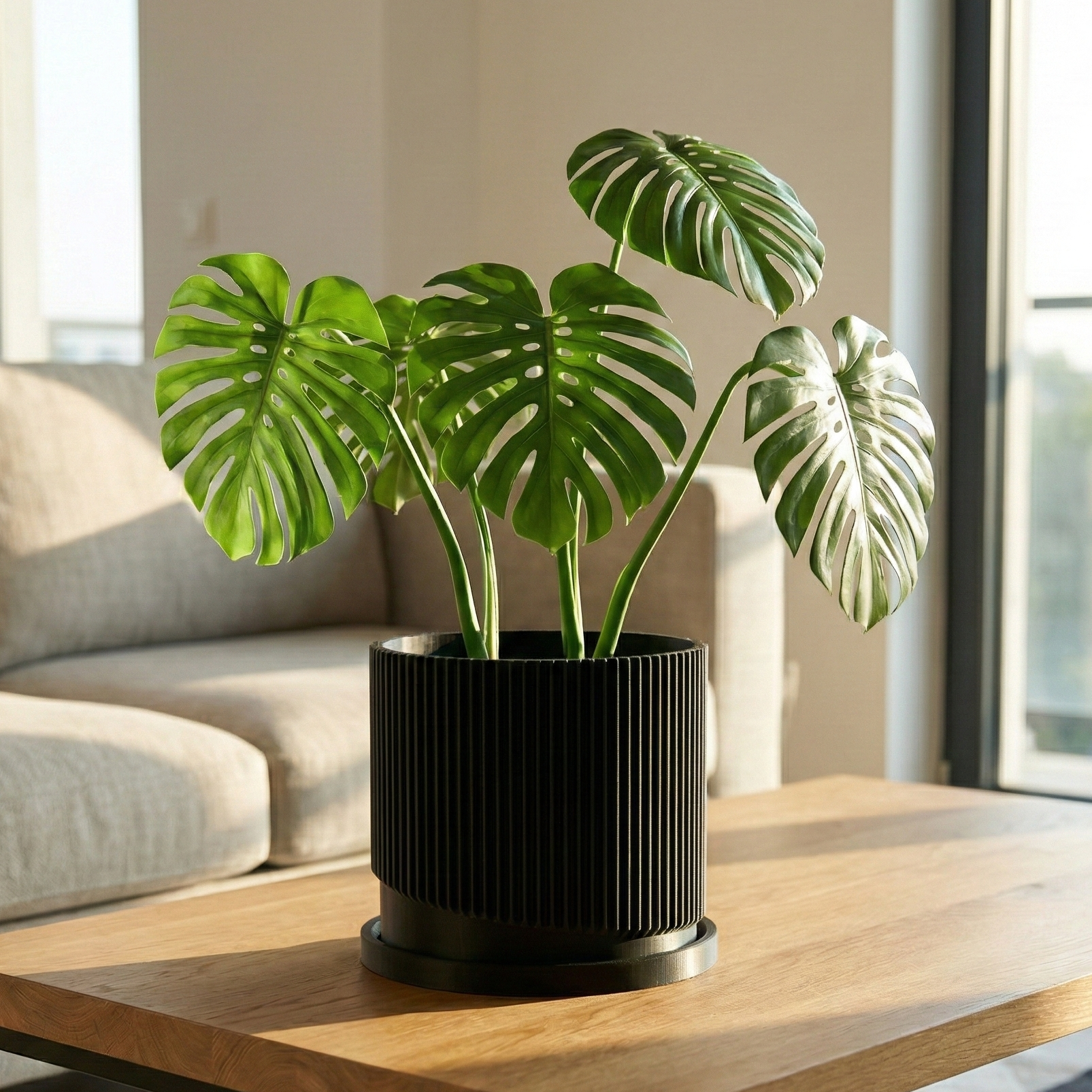 Mid Century Ribbed Planter with Drainage Saucer Modern Wave