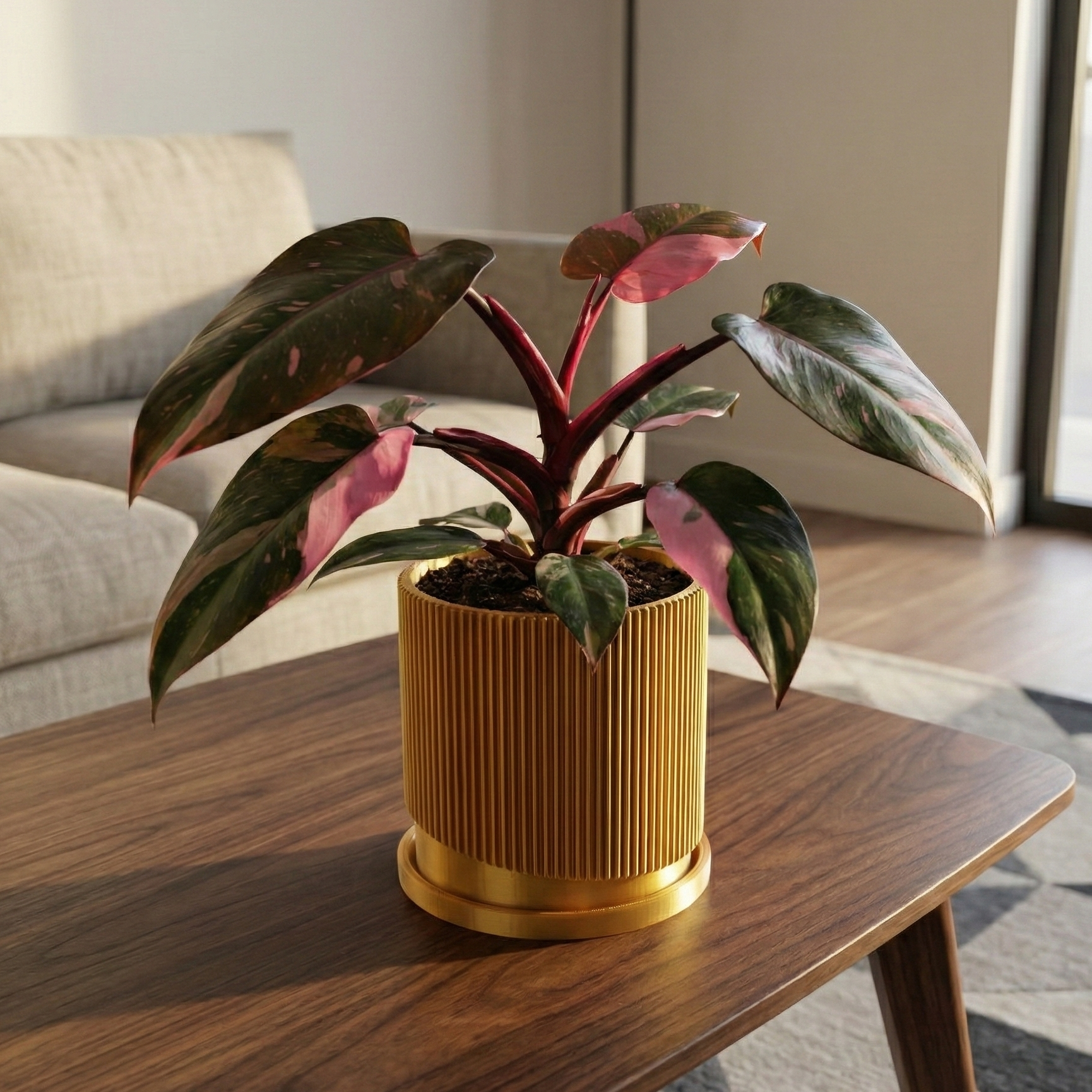 Mid Century Ribbed Planter with Drainage Saucer Modern Wave
