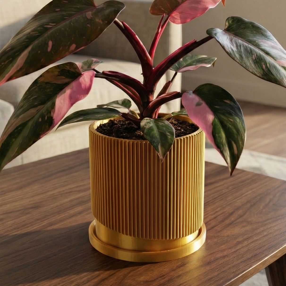 Mid Century Ribbed Planter with Drainage Saucer Modern Wave