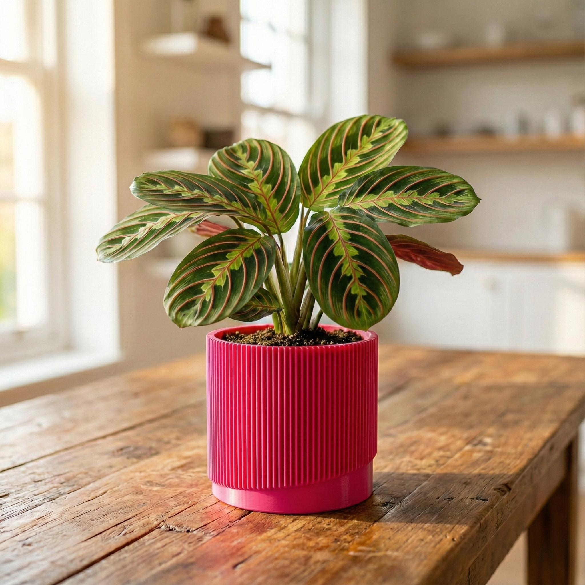Mid Century Ribbed Planter with Drainage Saucer Modern Wave