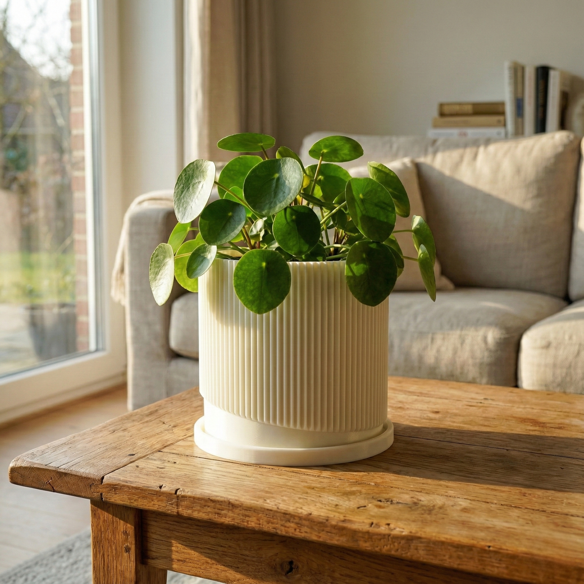 Mid Century Ribbed Planter with Drainage Saucer Modern Wave