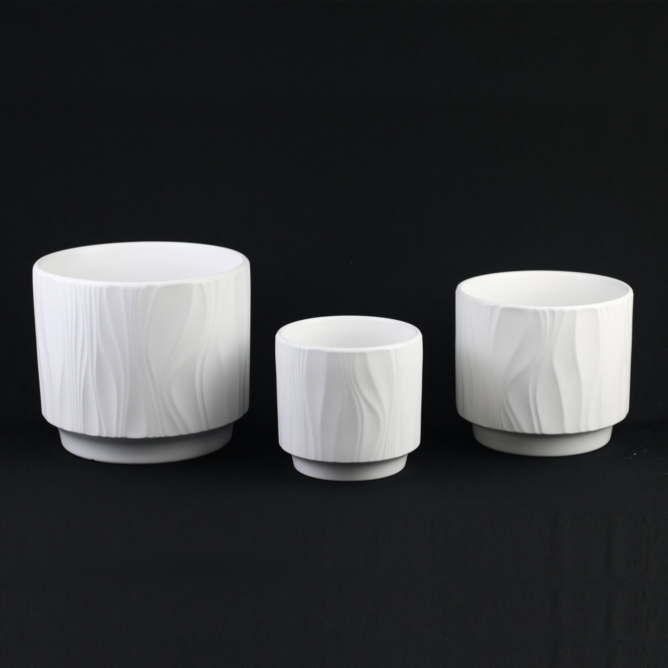 3 Piece White Stoneware Planter Pot Set Embossed Texture Decor