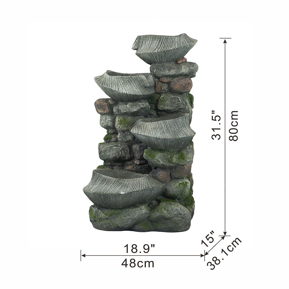 4 Tier Stone Water Fountain Cascading LED Indoor Outdoor Gray