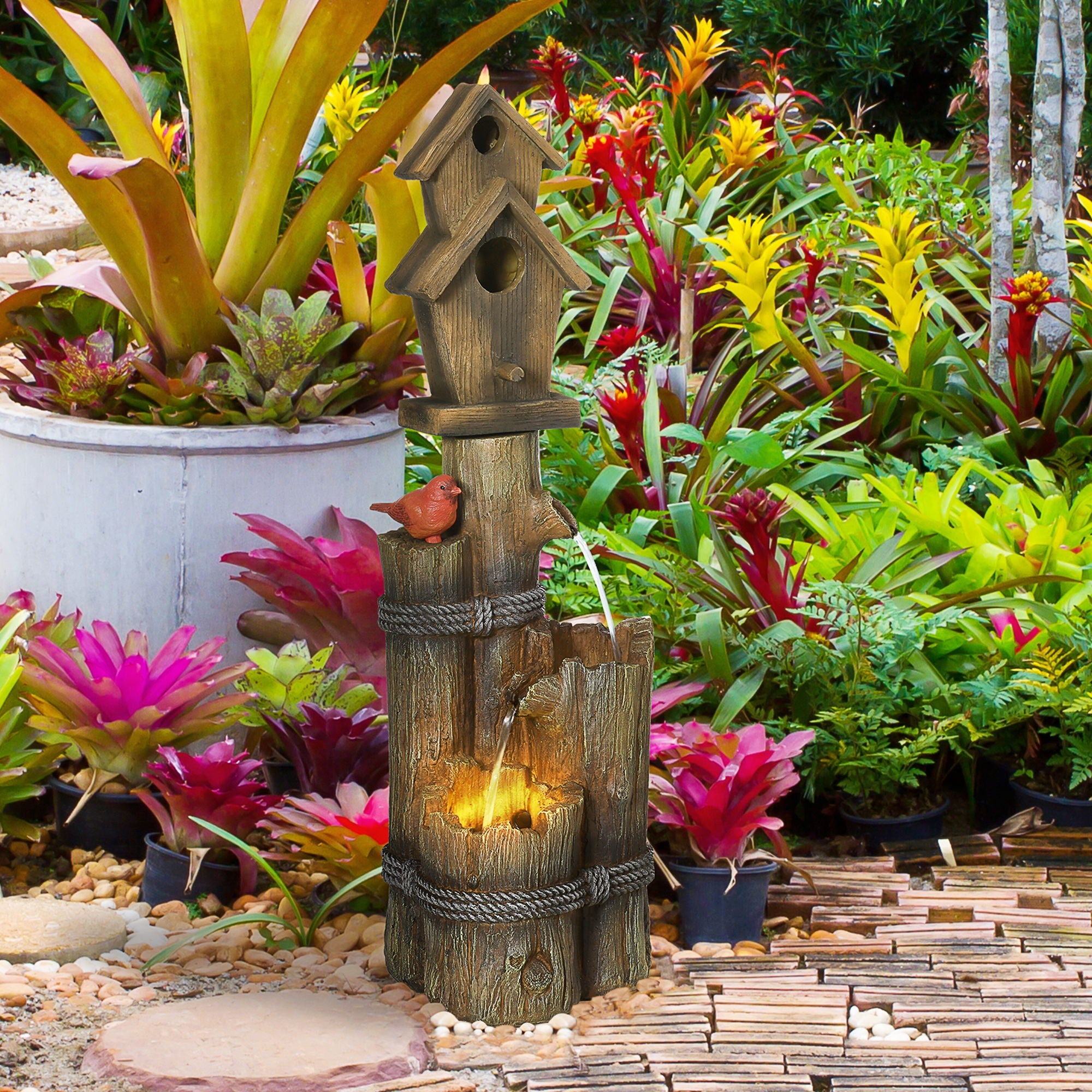 Fountain Birdhouse 3 Tier LED Garden Waterfall Decor