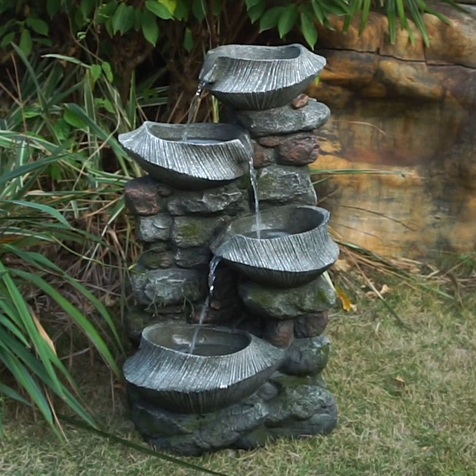 4 Tier Stone Water Fountain Cascading LED Indoor Outdoor Gray
