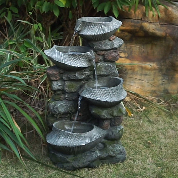 4 Tier Stone Water Fountain Cascading LED Indoor Outdoor Gray