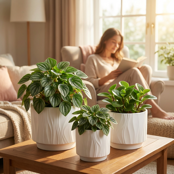 3 Piece White Stoneware Planter Pot Set Embossed Texture Decor