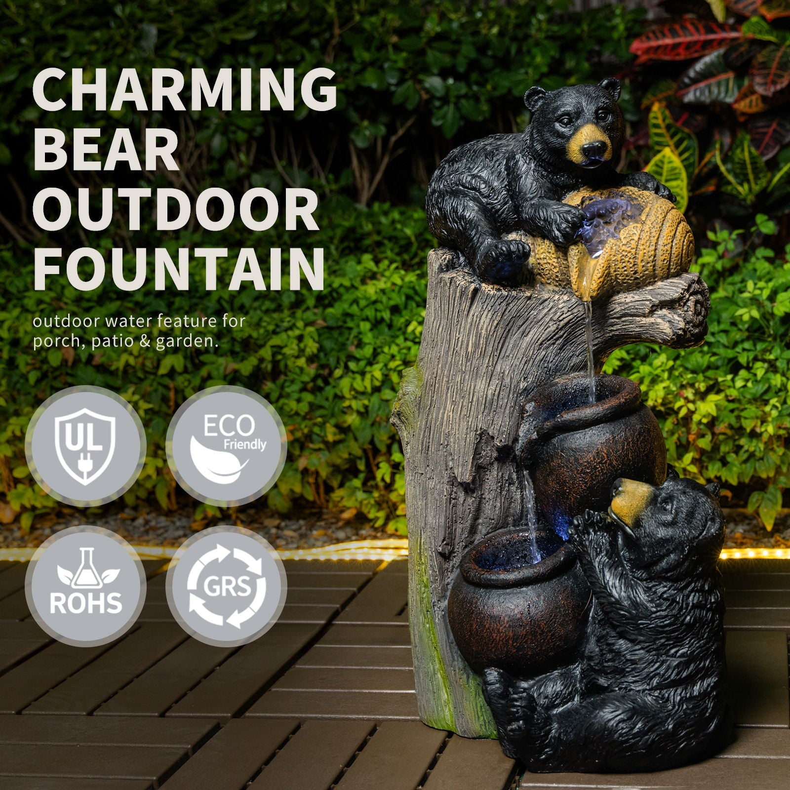 Bear Tree Stump Outdoor Water Fountain LED Lights Garden Decor