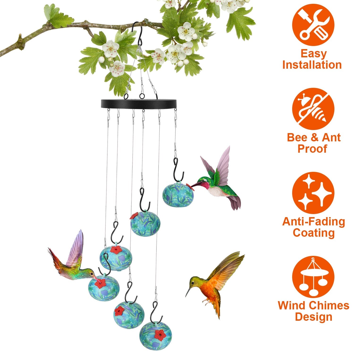 Hummingbird Feeder Wind Chimes Ant Proof Garden Hanging Decor