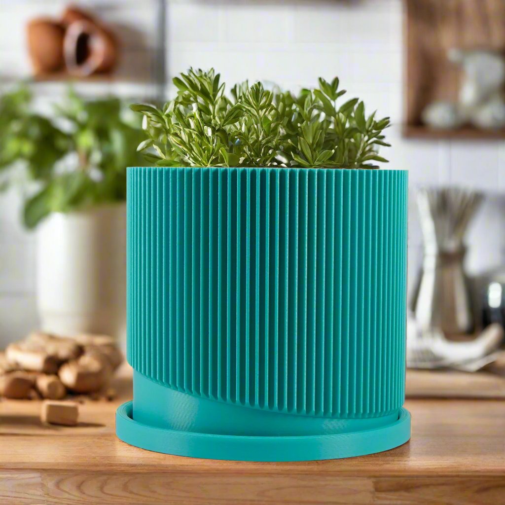Mid Century Ribbed Planter with Drainage Saucer Modern Wave