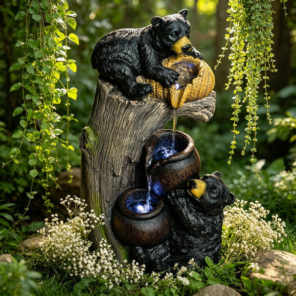 Bear Tree Stump Outdoor Water Fountain LED Lights Garden Decor