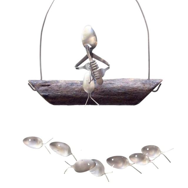 Fishing Man Spoon Fish Wind Chime Garden Hanging Decor Ornament