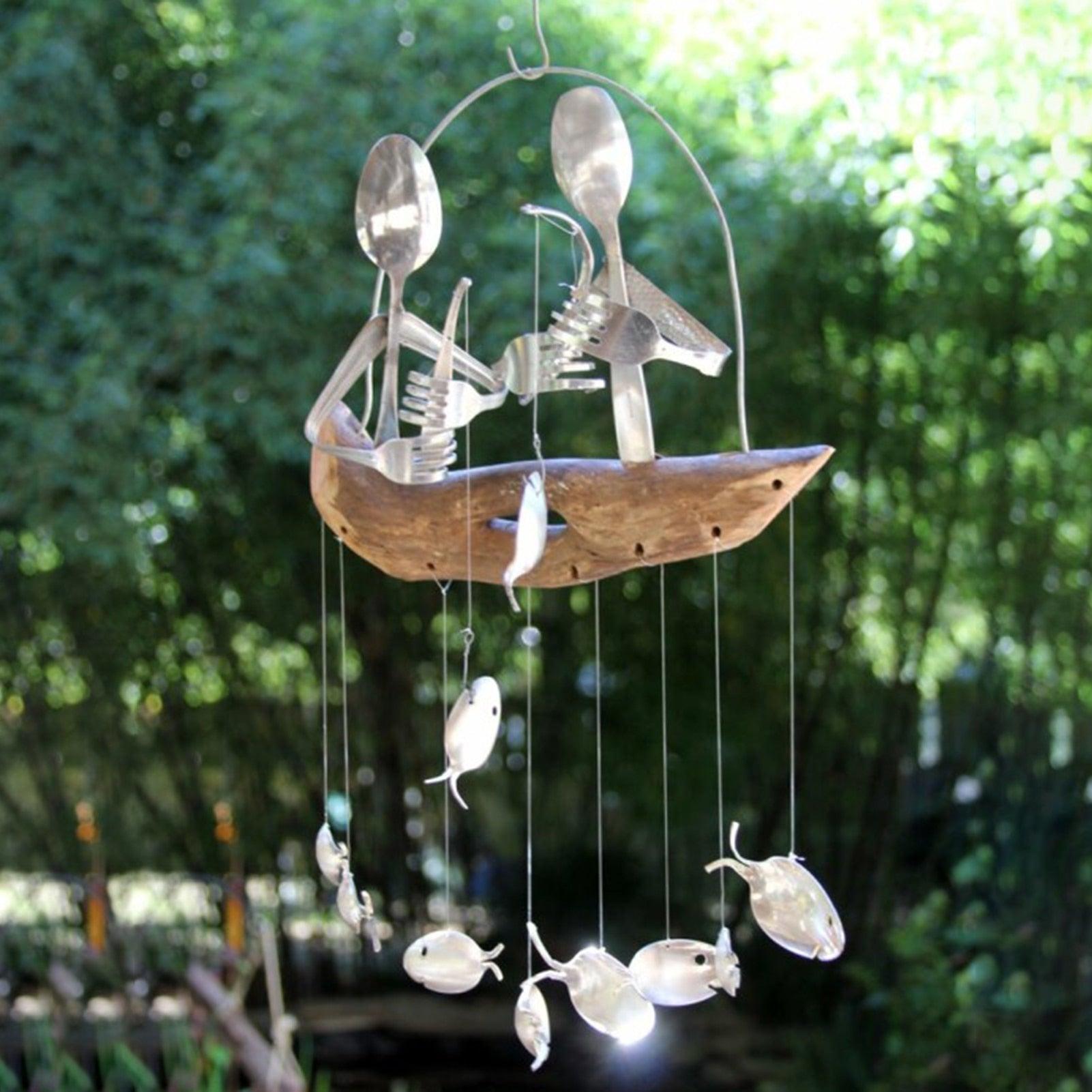 Fishing Man Spoon Fish Wind Chime Garden Hanging Decor Ornament