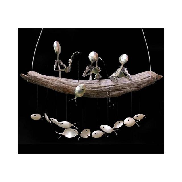 Fishing Man Spoon Fish Wind Chime Garden Hanging Decor Ornament