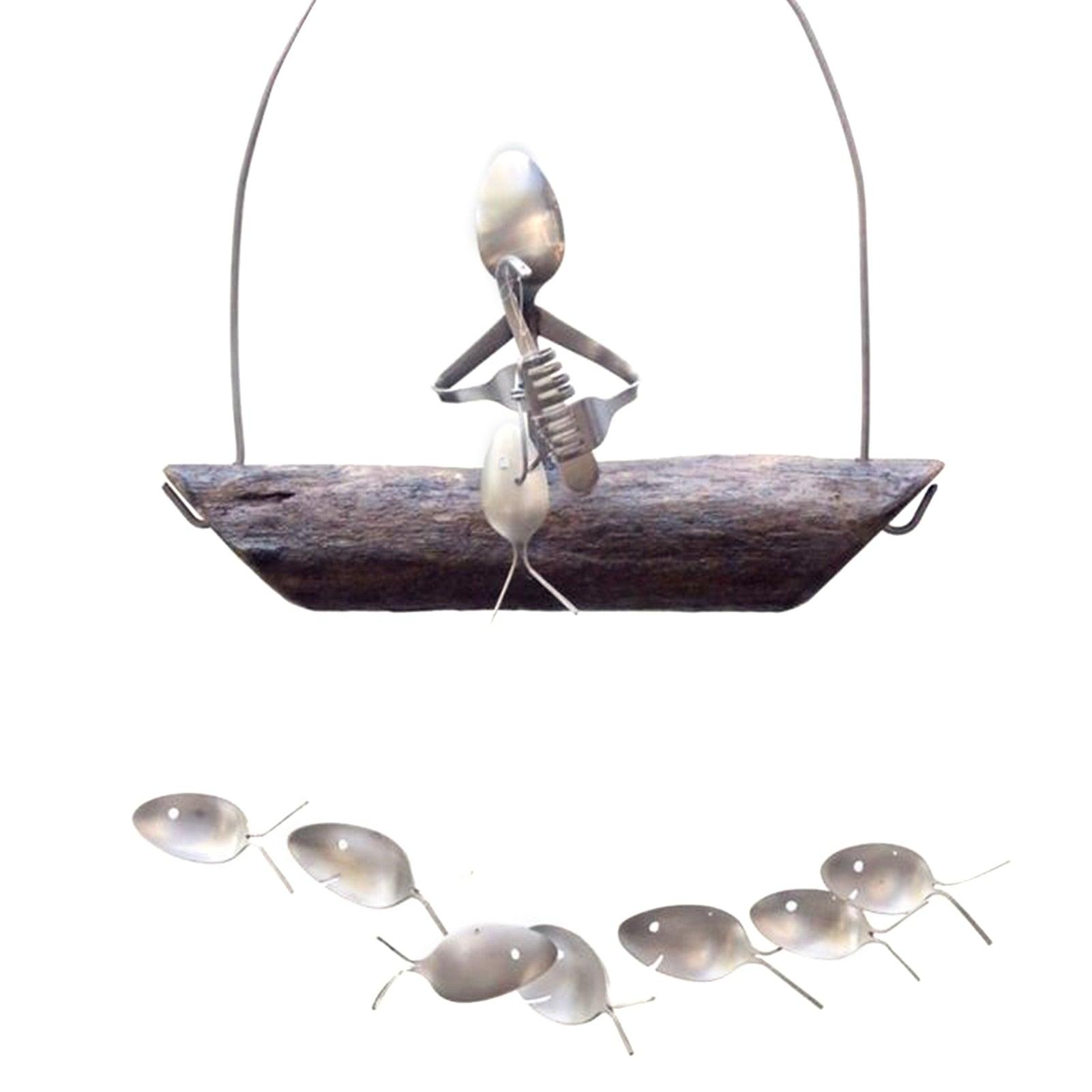 Fishing Man Spoon Fish Wind Chime Garden Hanging Decor Ornament