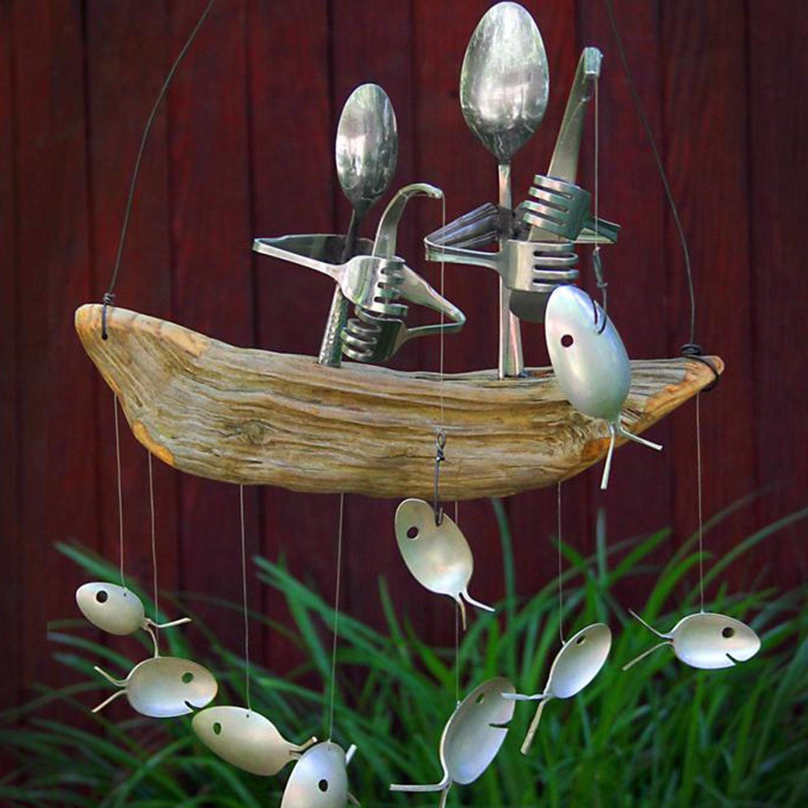 Fishing Man Spoon Fish Wind Chime Garden Hanging Decor Ornament