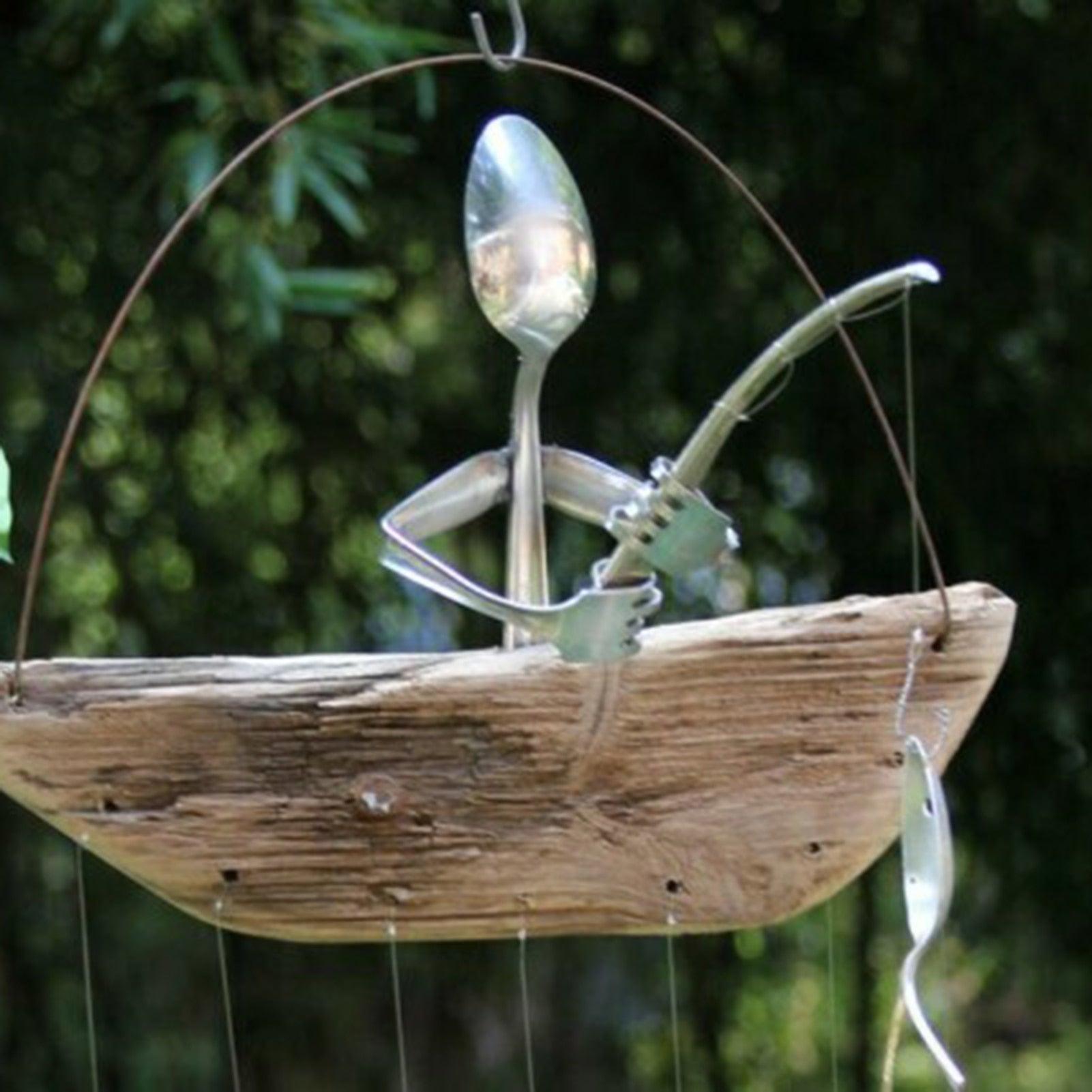Fishing Man Spoon Fish Wind Chime Garden Hanging Decor Ornament