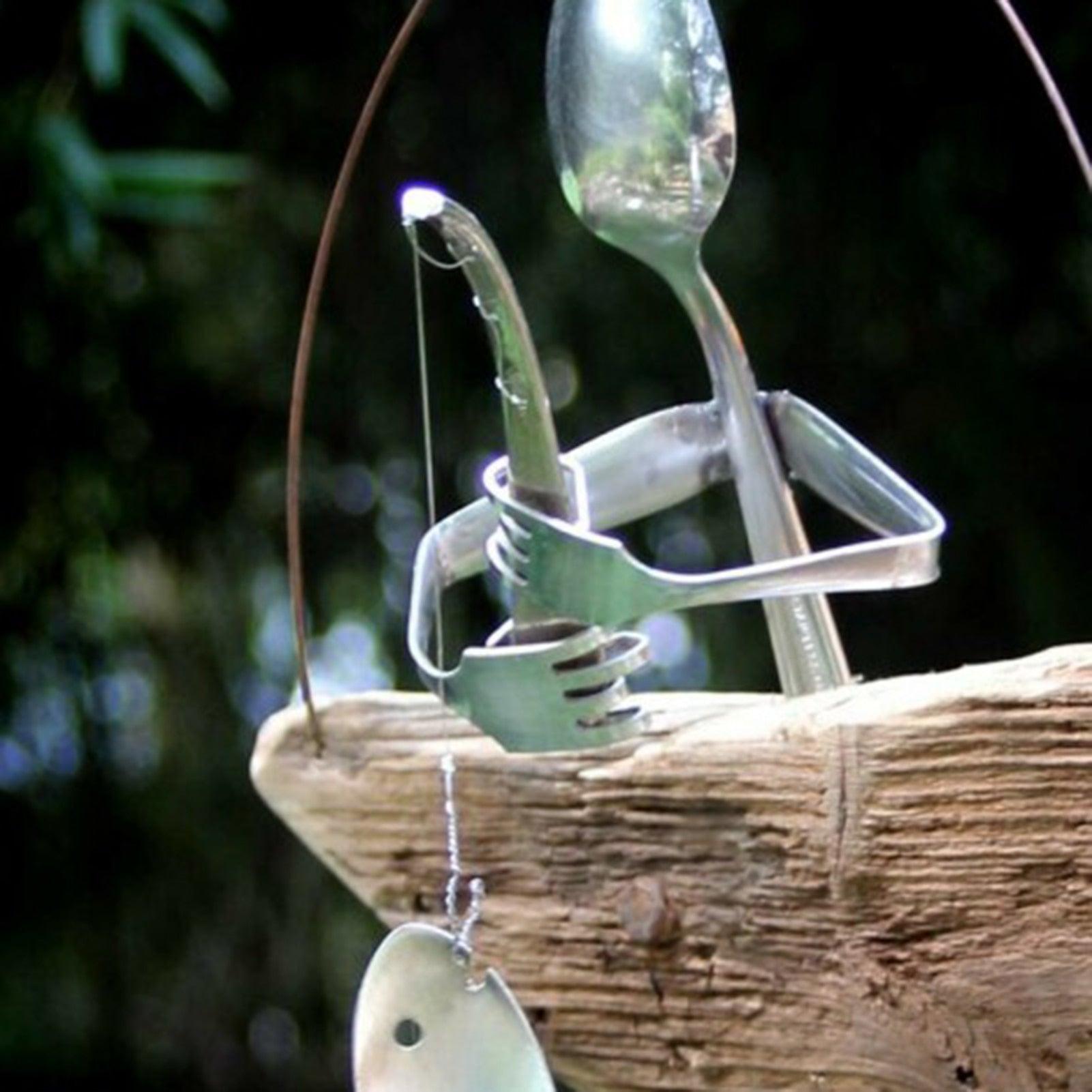Fishing Man Spoon Fish Wind Chime Garden Hanging Decor Ornament