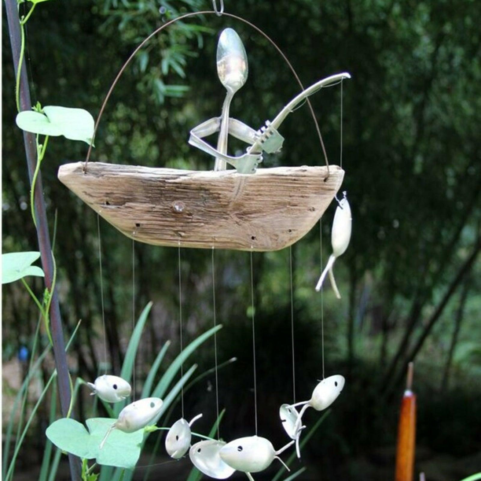 Fishing Man Spoon Fish Wind Chime Garden Hanging Decor Ornament