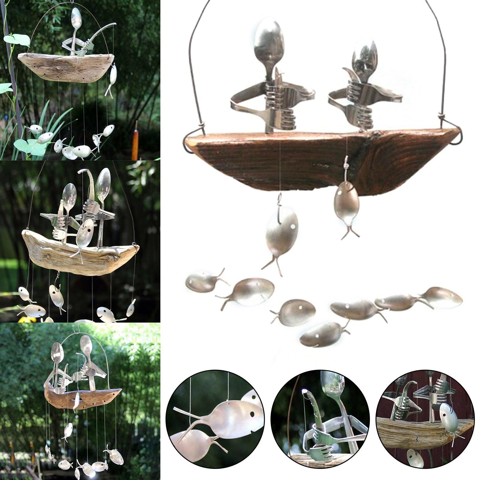 Fishing Man Spoon Fish Wind Chime Garden Hanging Decor Ornament