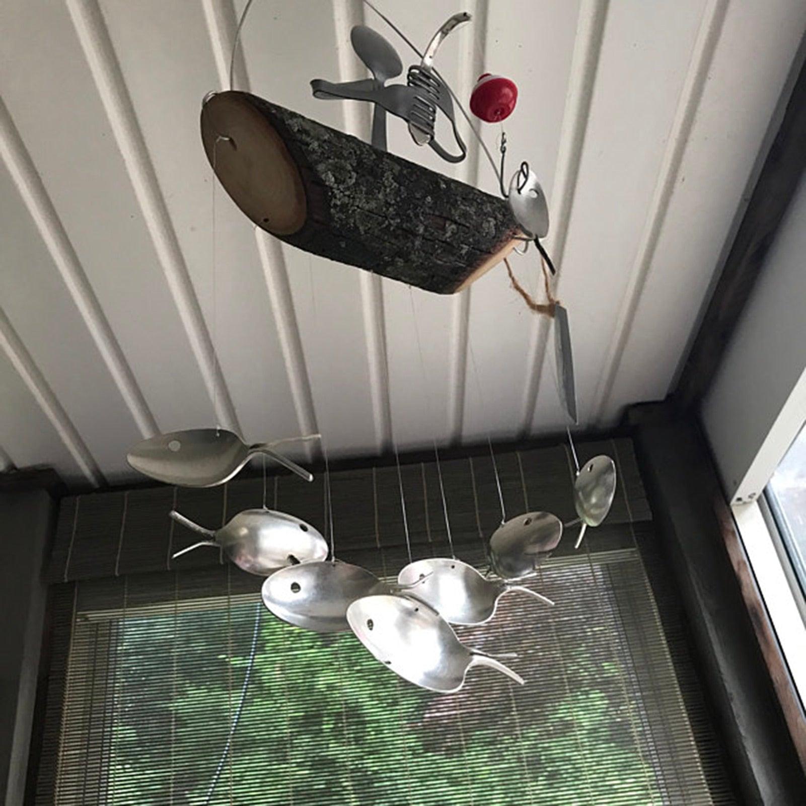 Fishing Man Spoon Fish Wind Chime Garden Hanging Decor Ornament