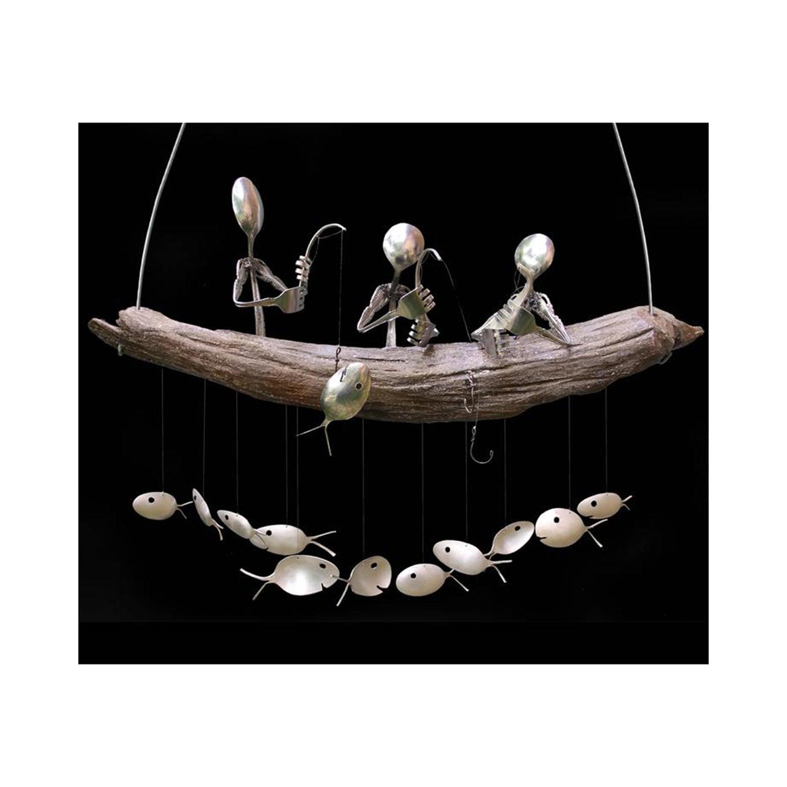 Fishing Man Spoon Fish Wind Chime Garden Hanging Decor Ornament