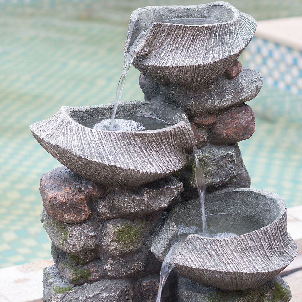4 Tier Stone Water Fountain Cascading LED Indoor Outdoor Gray