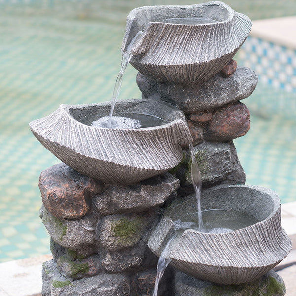 4 Tier Stone Water Fountain Cascading LED Indoor Outdoor Gray